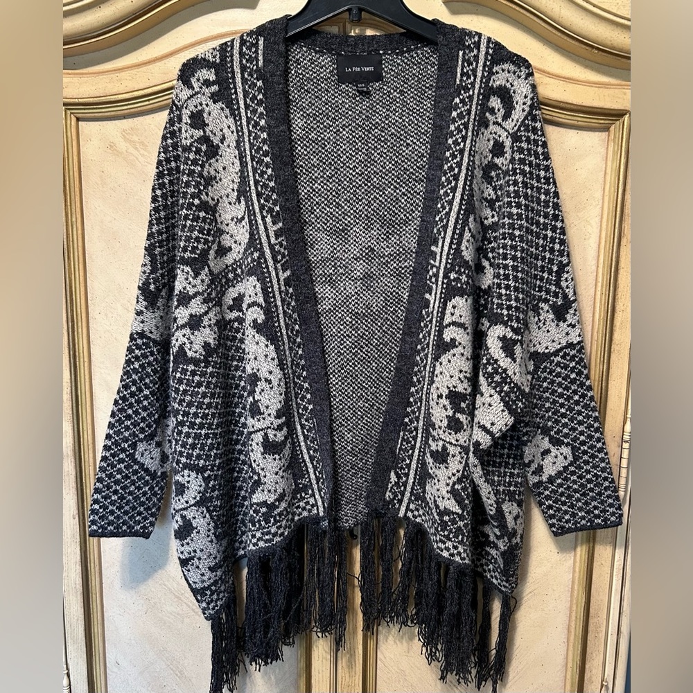 LA FEE VERTE Anthropologie Gray Open Front Fringe Cardigan Sweater